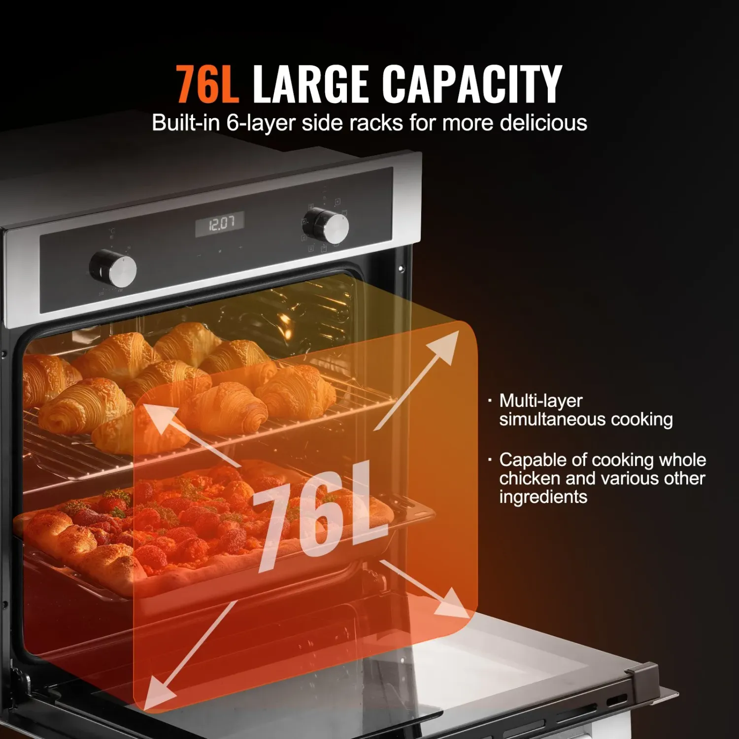 24 Inch Built In Electric Wall Oven 76L 3550W Convection Oven with 9 Cooking Functions
