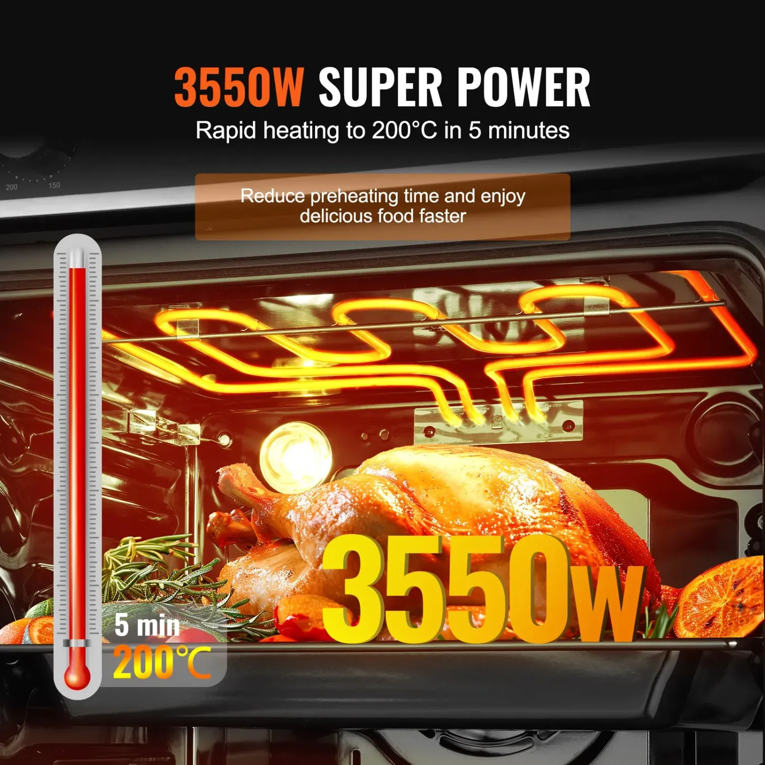 24 Inch Built In Electric Wall Oven 76L 3550W Convection Oven with 9 Cooking Functions