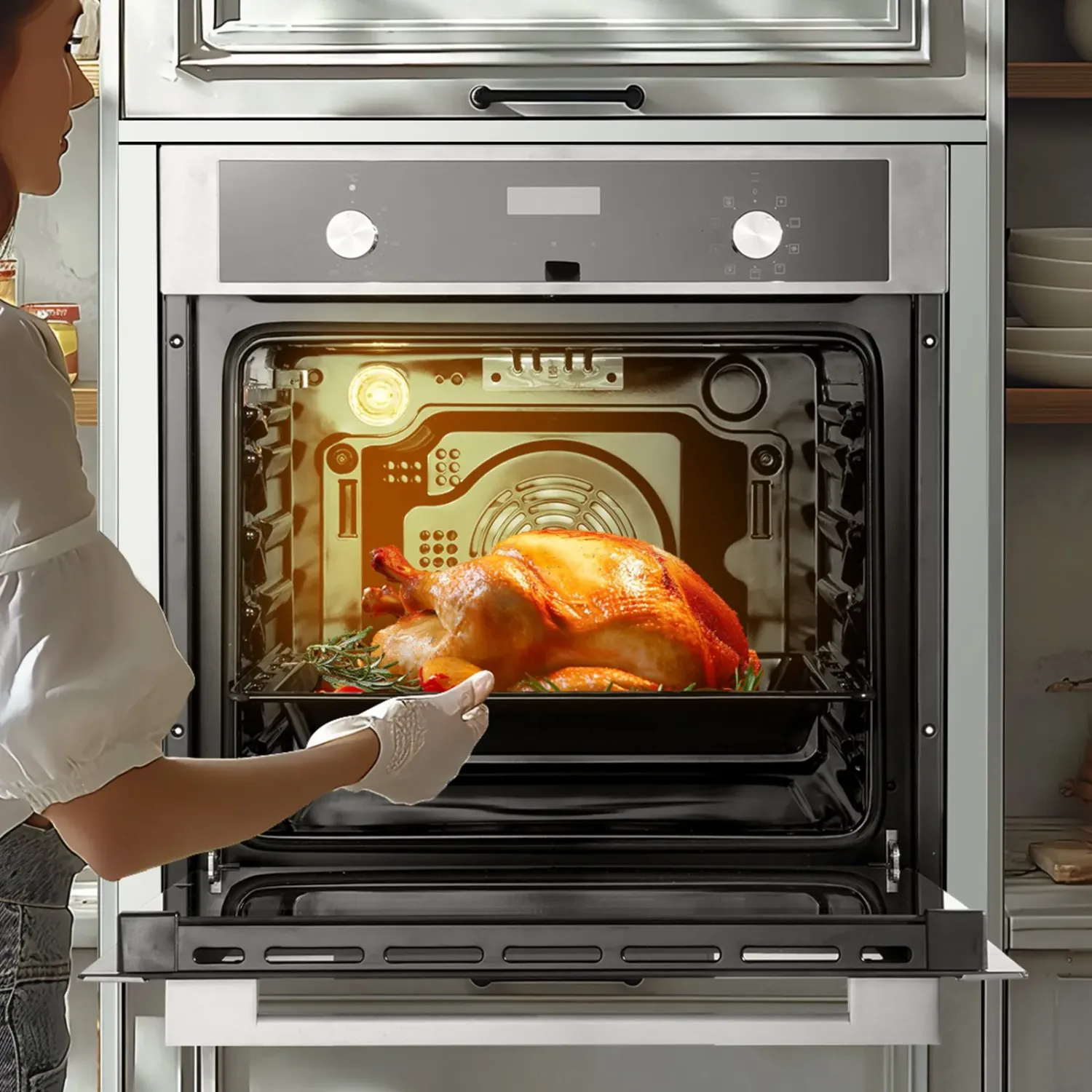 24 Inch Built In Electric Wall Oven 76L 3550W Convection Oven with 9 Cooking Functions