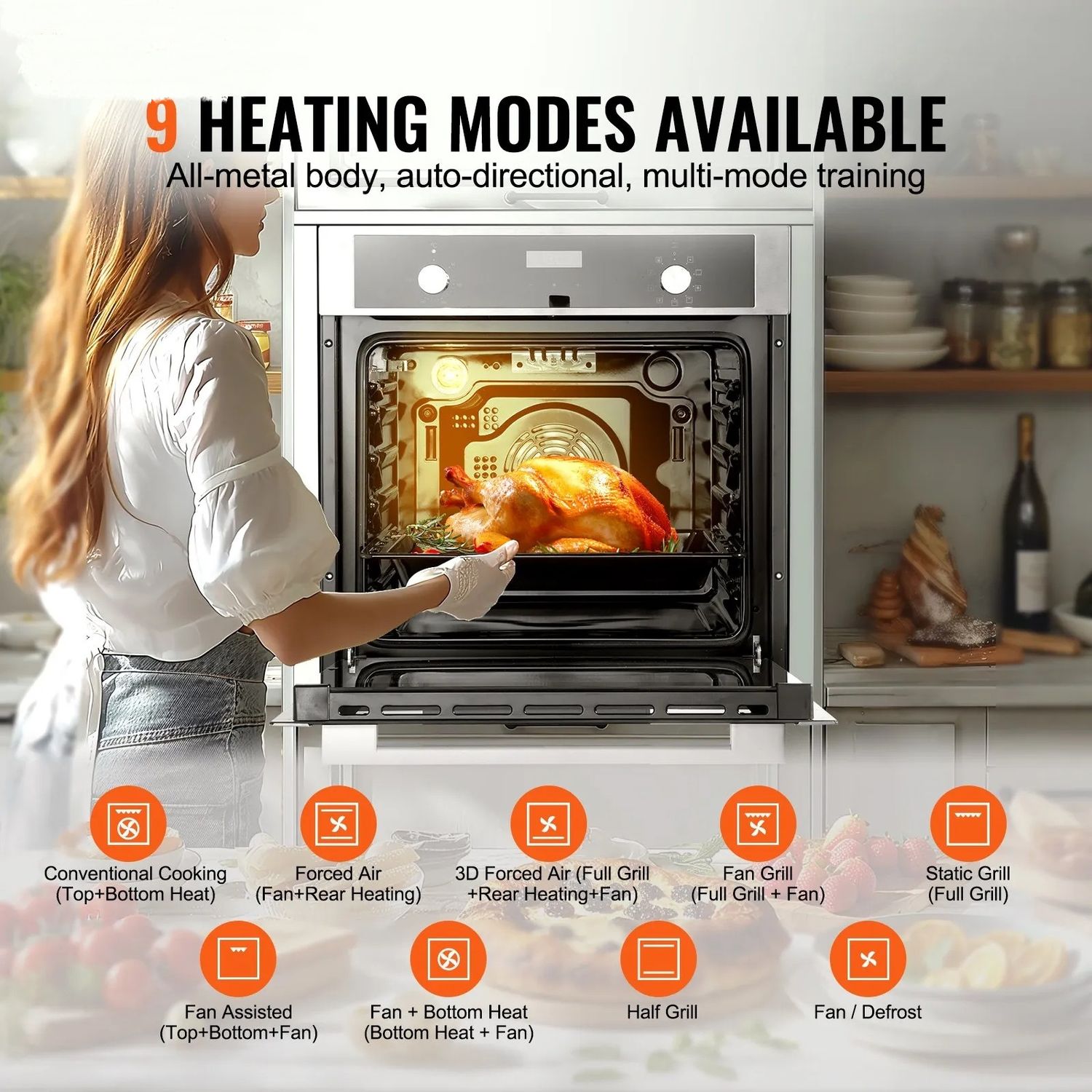 24 Inch Built In Electric Wall Oven 76L 3550W Convection Oven with 9 Cooking Functions