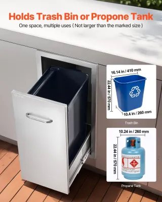 Stainless Steel Outdoor Kitchen Drawer — 13.54"W×19.61"D×25.79"H Trash &amp; Storage Cabinet, 55 lbs Tier Capacity, for BBQ Island &amp; Outdoor Kitchens