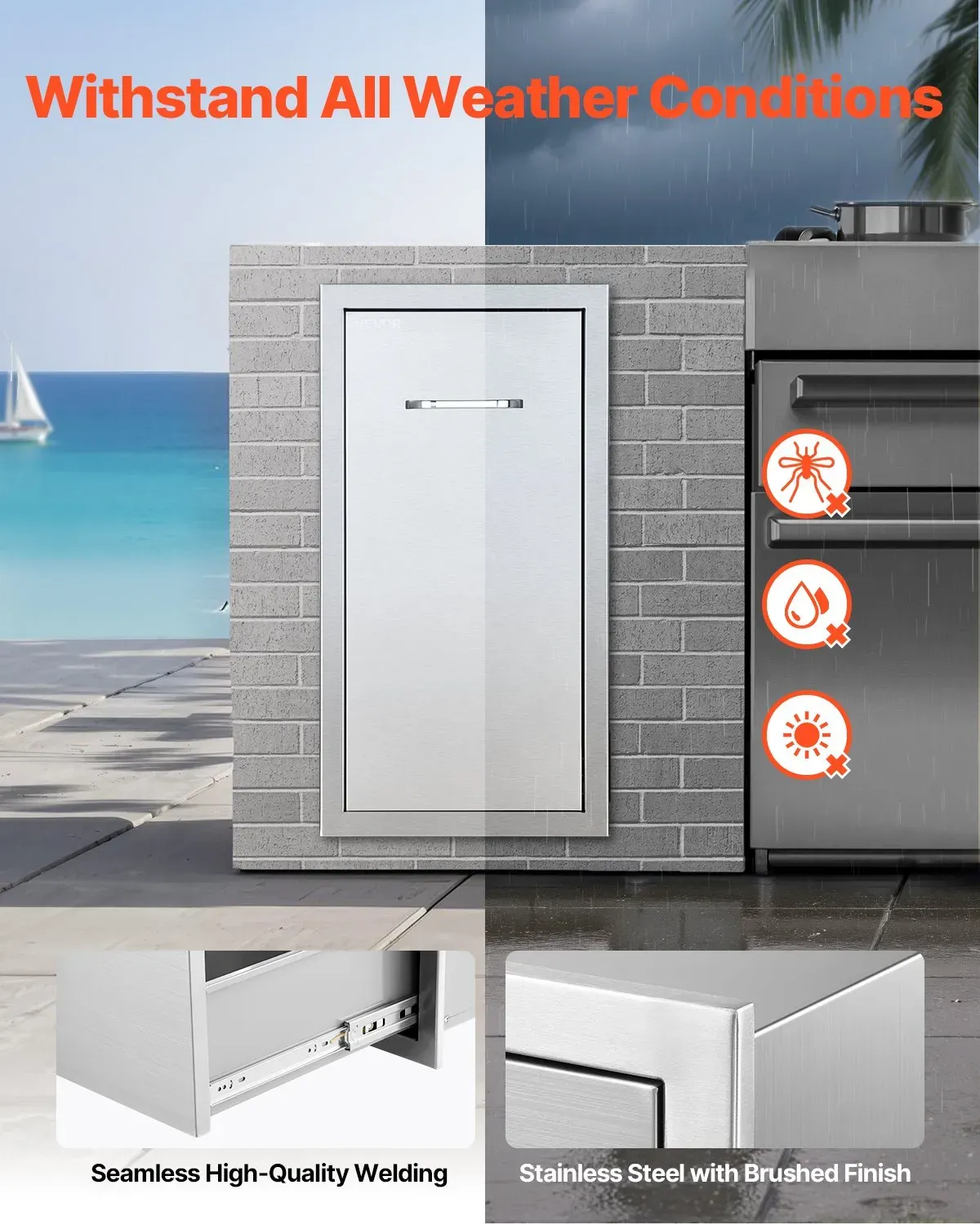 Stainless Steel Outdoor Kitchen Drawer — 13.54"W×19.61"D×25.79"H Trash &amp; Storage Cabinet, 55 lbs Tier Capacity, for BBQ Island &amp; Outdoor Kitchens
