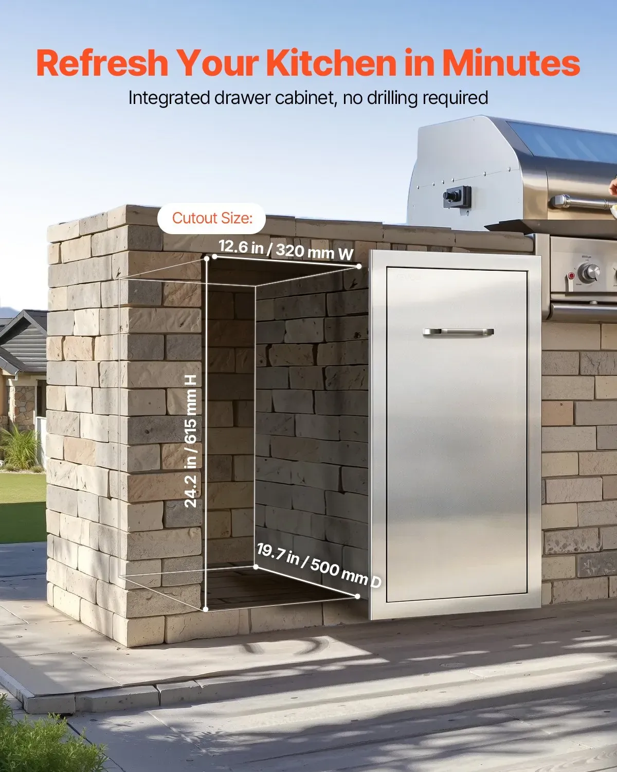 Stainless Steel Outdoor Kitchen Drawer — 13.54"W×19.61"D×25.79"H Trash &amp; Storage Cabinet, 55 lbs Tier Capacity, for BBQ Island &amp; Outdoor Kitchens
