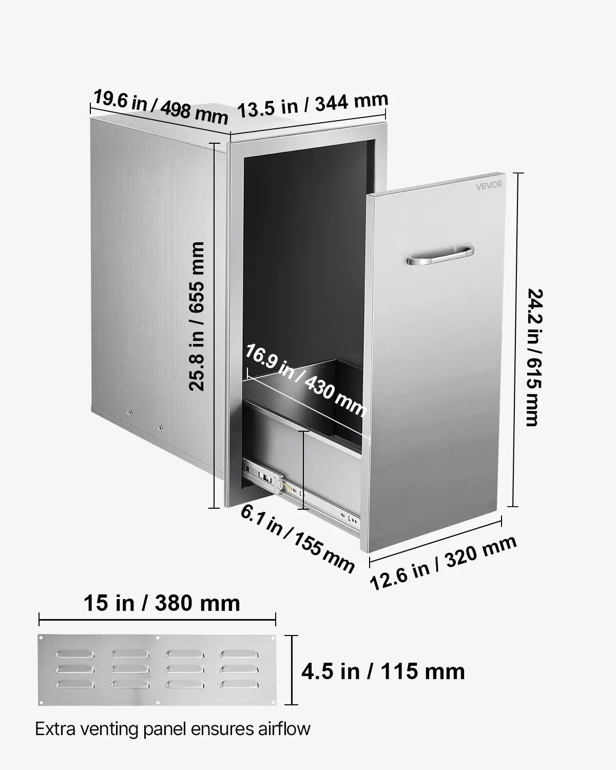 Stainless Steel Outdoor Kitchen Drawer — 13.54"W×19.61"D×25.79"H Trash &amp; Storage Cabinet, 55 lbs Tier Capacity, for BBQ Island &amp; Outdoor Kitchens