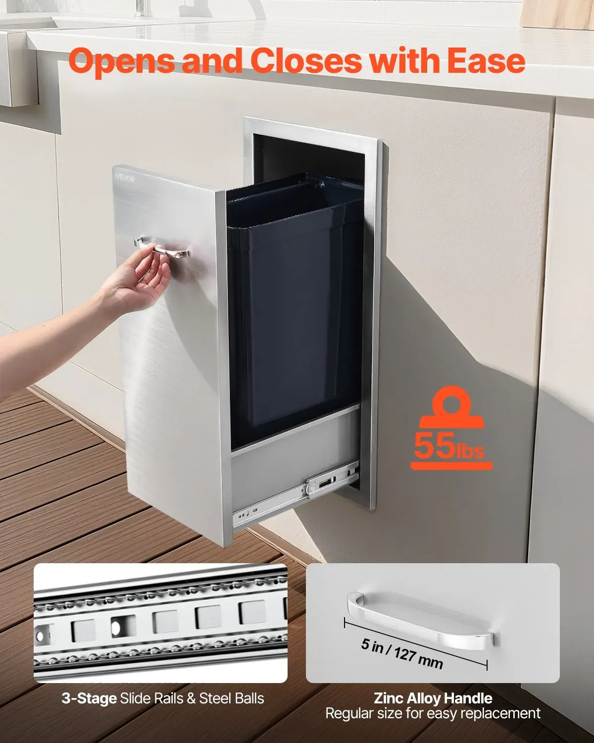 Stainless Steel Outdoor Kitchen Drawer — 13.54"W×19.61"D×25.79"H Trash &amp; Storage Cabinet, 55 lbs Tier Capacity, for BBQ Island &amp; Outdoor Kitchens