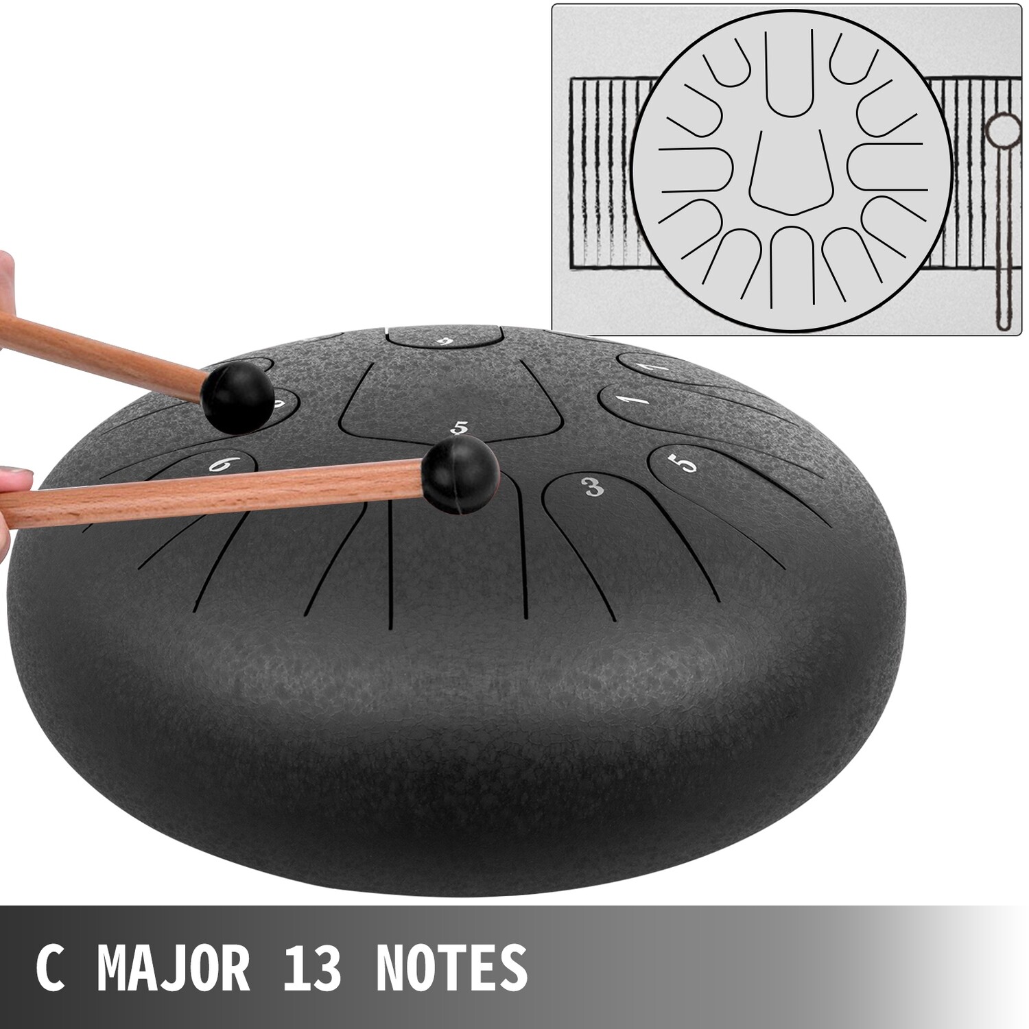 13-Note 12" Black Steel Tank Drum – Steel Tongue Percussion Instrument for Melodic Play