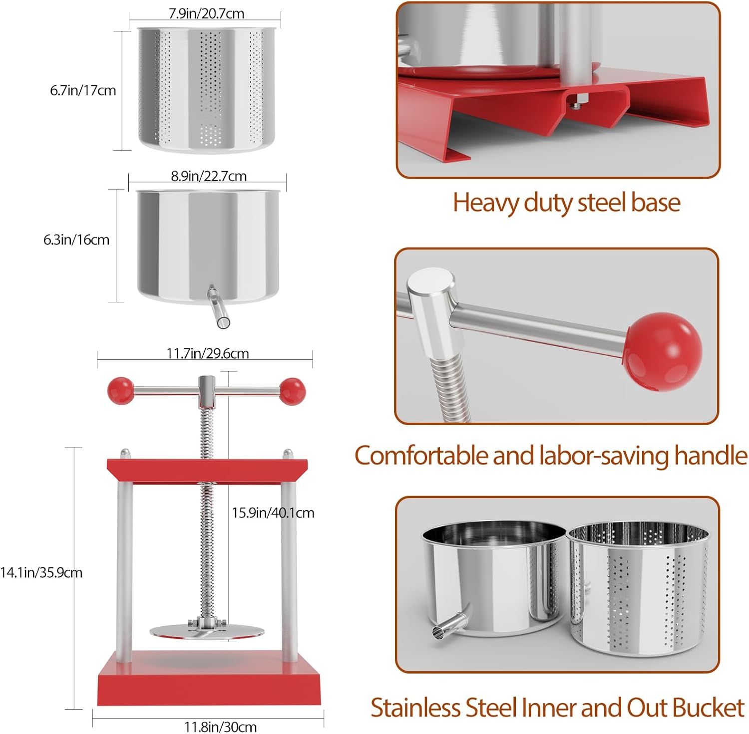 6L Stainless Steel Fruit Press Manual Juicer Cheese Wine Cider Extractor