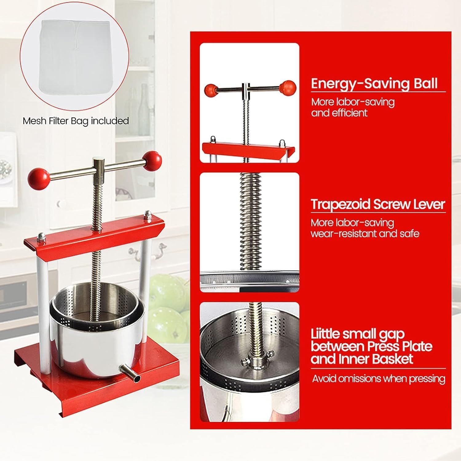 6L Stainless Steel Fruit Press Manual Juicer Cheese Wine Cider Extractor