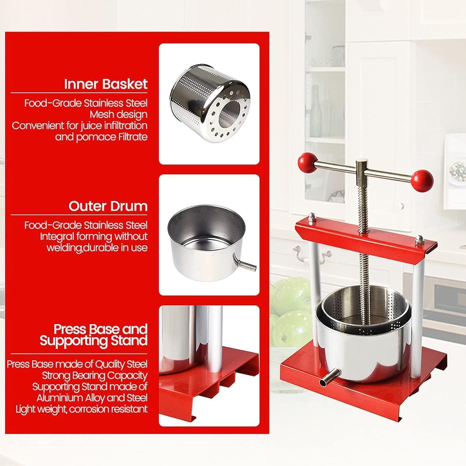 6L Stainless Steel Fruit Press Manual Juicer Cheese Wine Cider Extractor