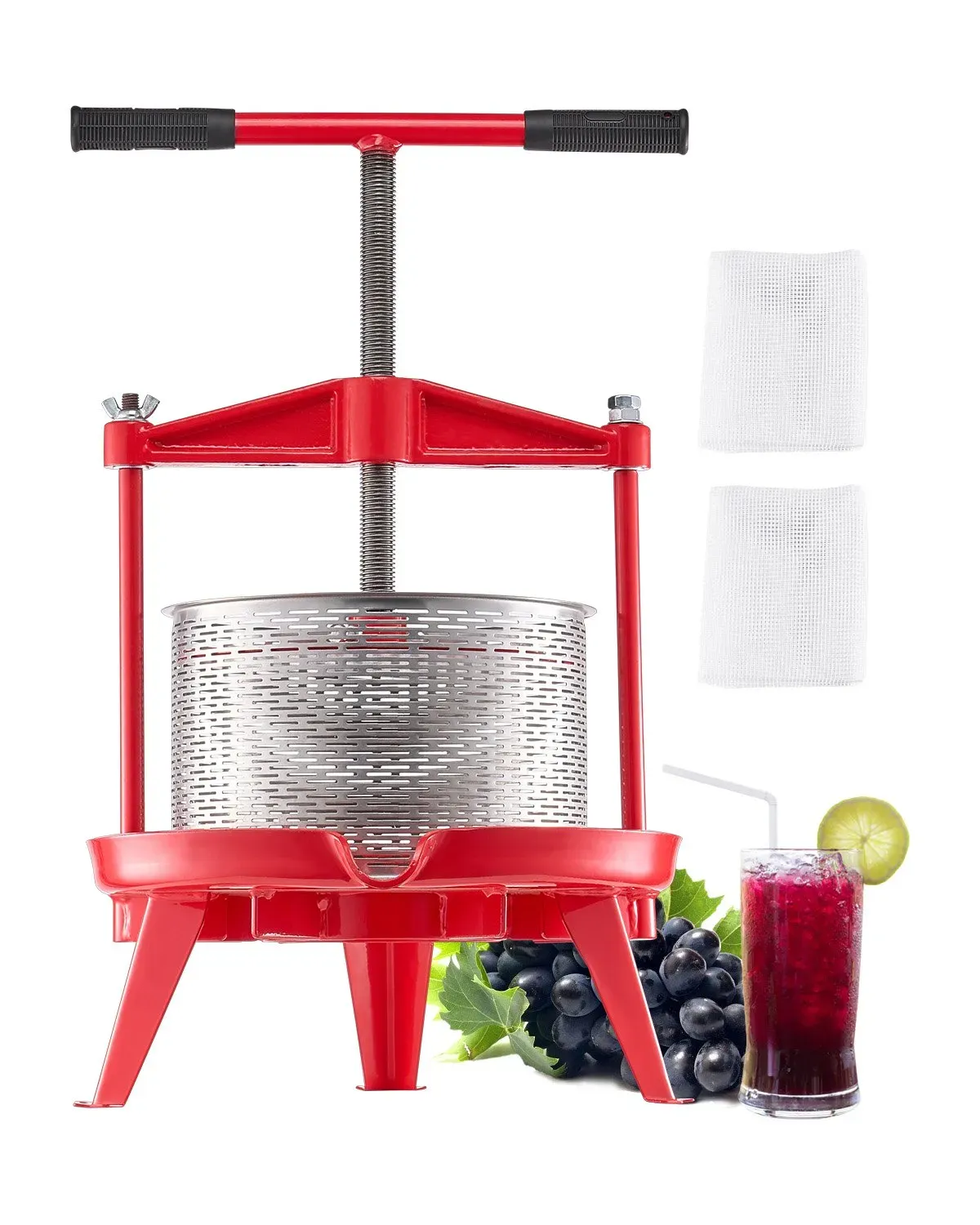 9L Fruit Wine Press, Manual Apple and Grape Juicer with Stainless Steel Basket