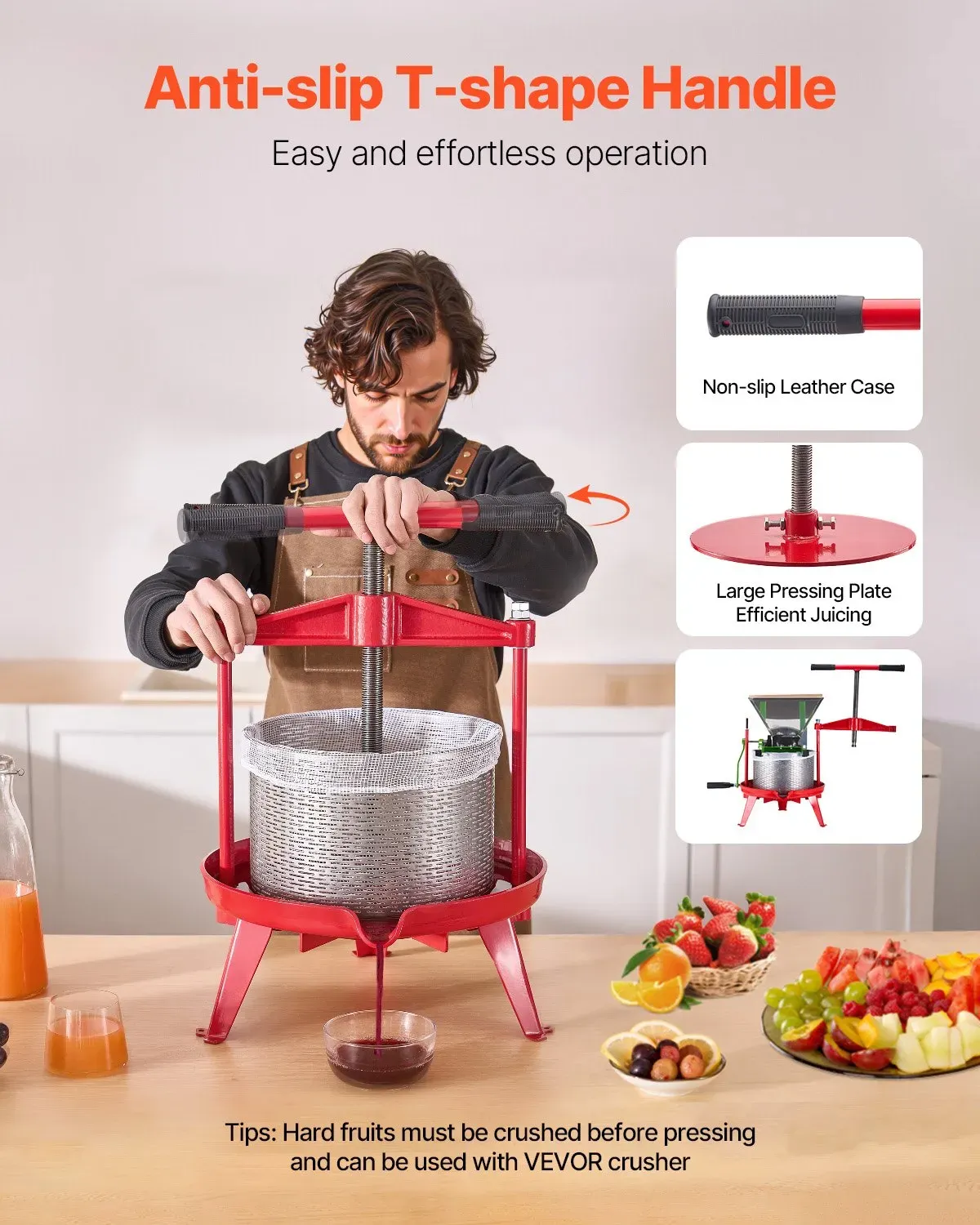 9L Fruit Wine Press, Manual Apple and Grape Juicer with Stainless Steel Basket