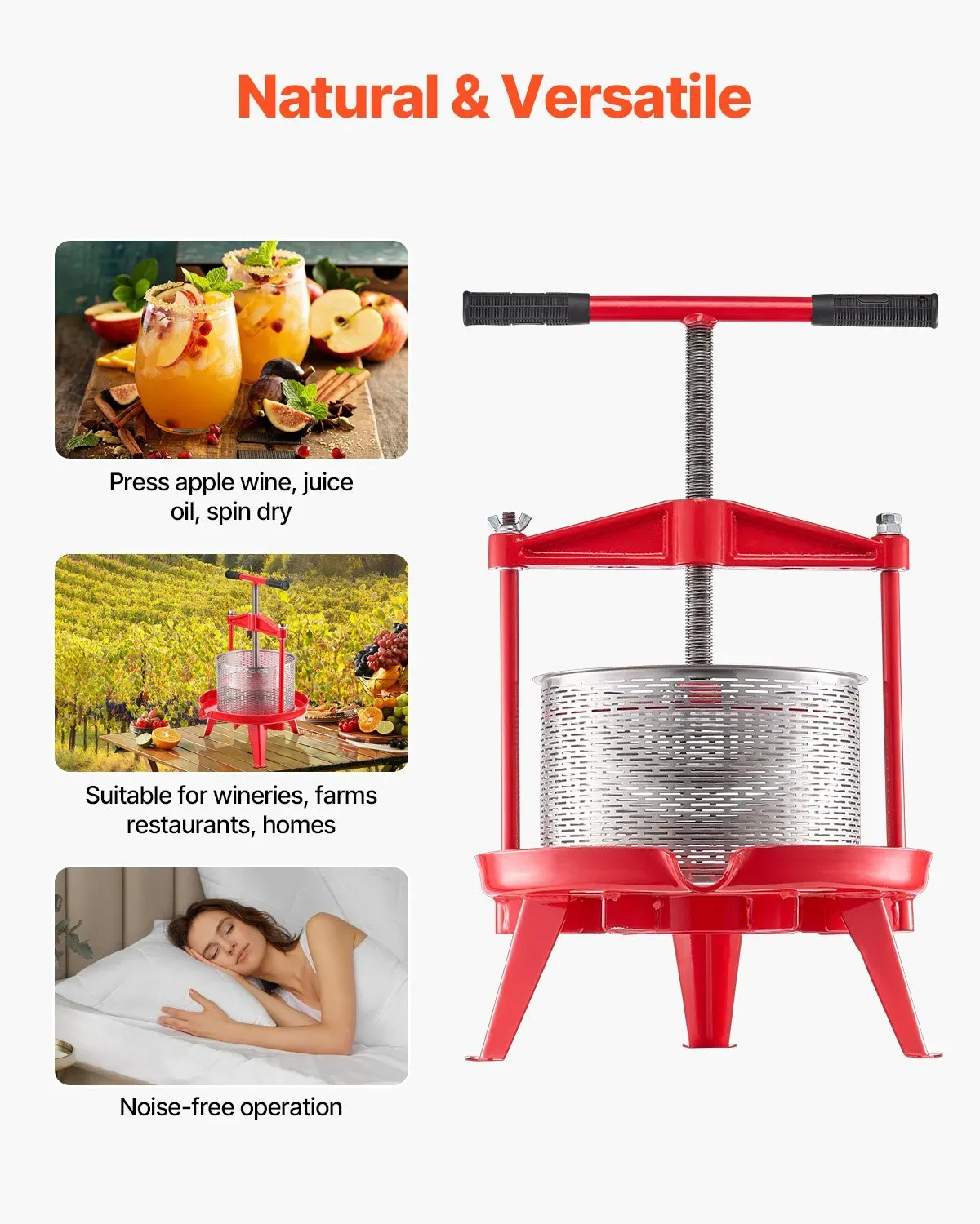 9L Fruit Wine Press, Manual Apple and Grape Juicer with Stainless Steel Basket