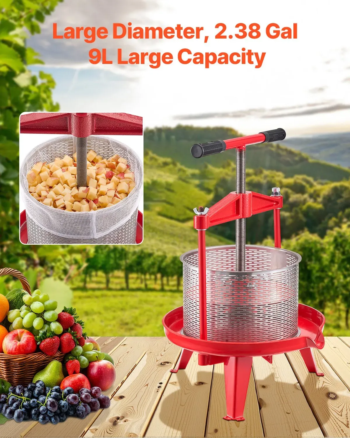 9L Fruit Wine Press, Manual Apple and Grape Juicer with Stainless Steel Basket