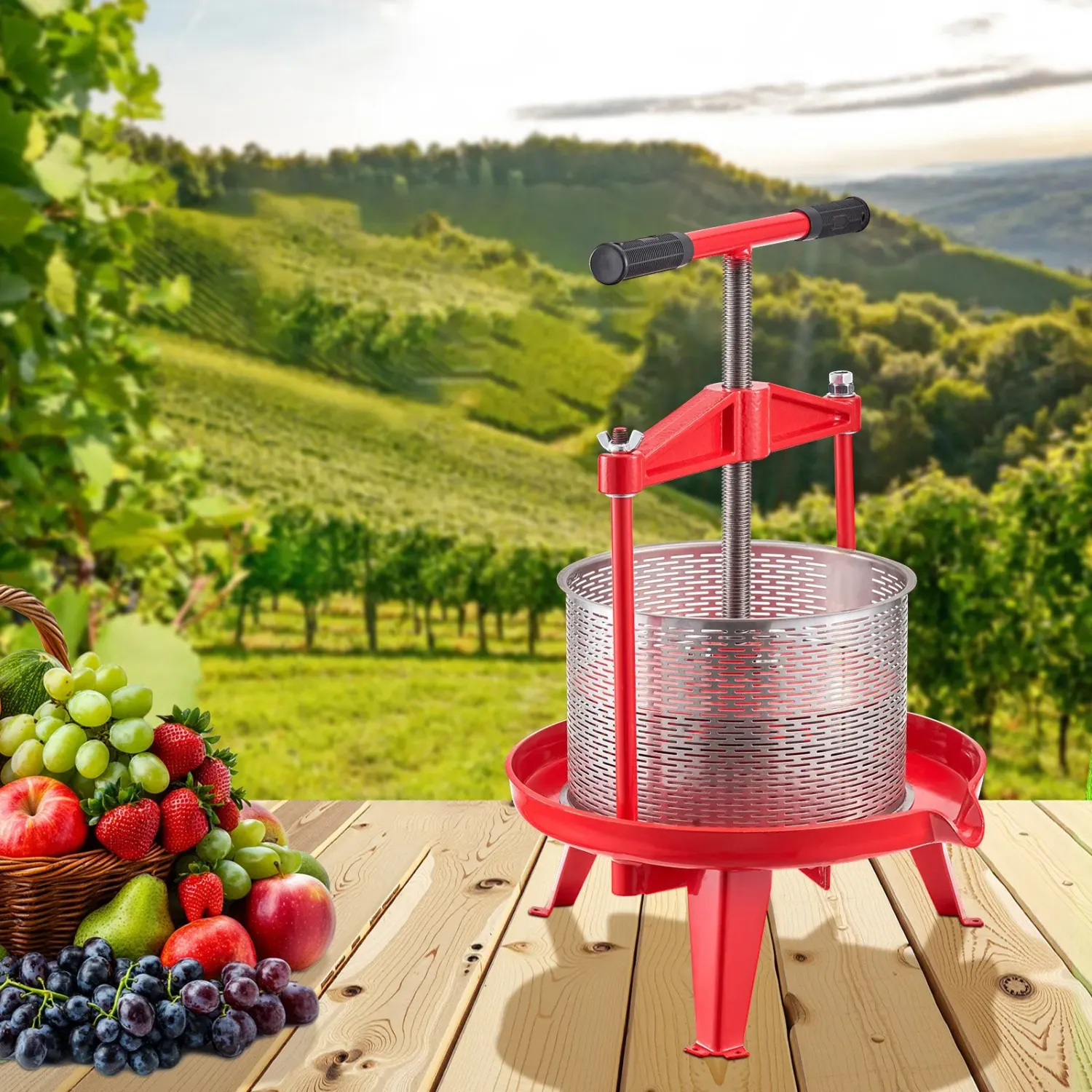 9L Fruit Wine Press, Manual Apple and Grape Juicer with Stainless Steel Basket