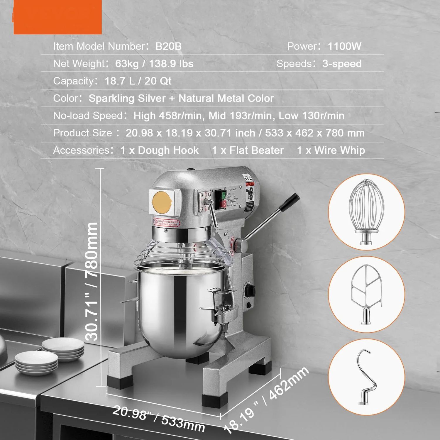 Commercial Food Mixer 18.7L 1100W Stand Mixer