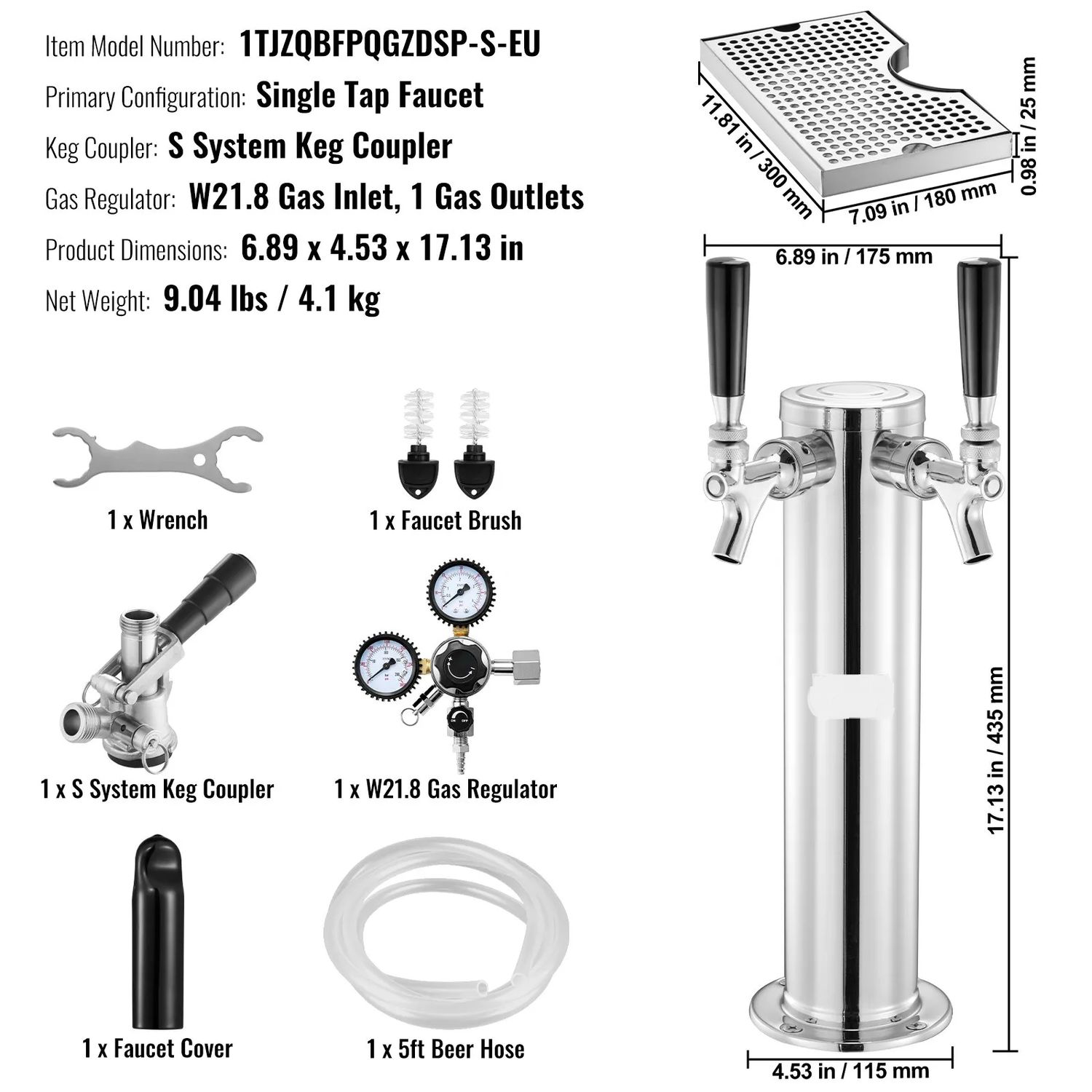Stainless Steel Single Tap Beer Tower Kegerator Kit