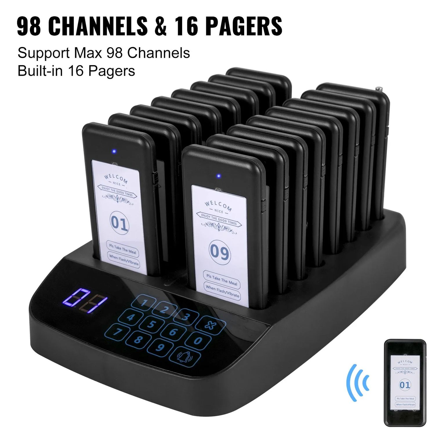 Wireless Restaurant Pager System – 98-Channel Calling Base with 16 Rechargeable Guest Pagers