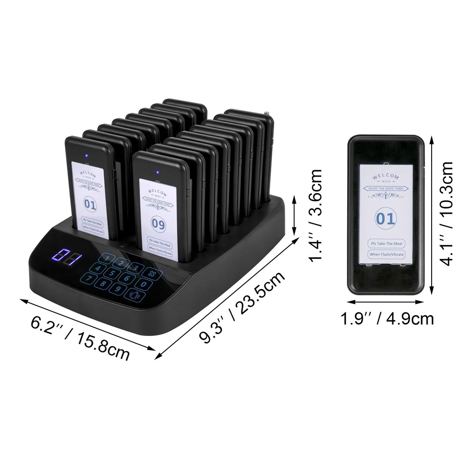 Wireless Restaurant Pager System – 98-Channel Calling Base with 16 Rechargeable Guest Pagers