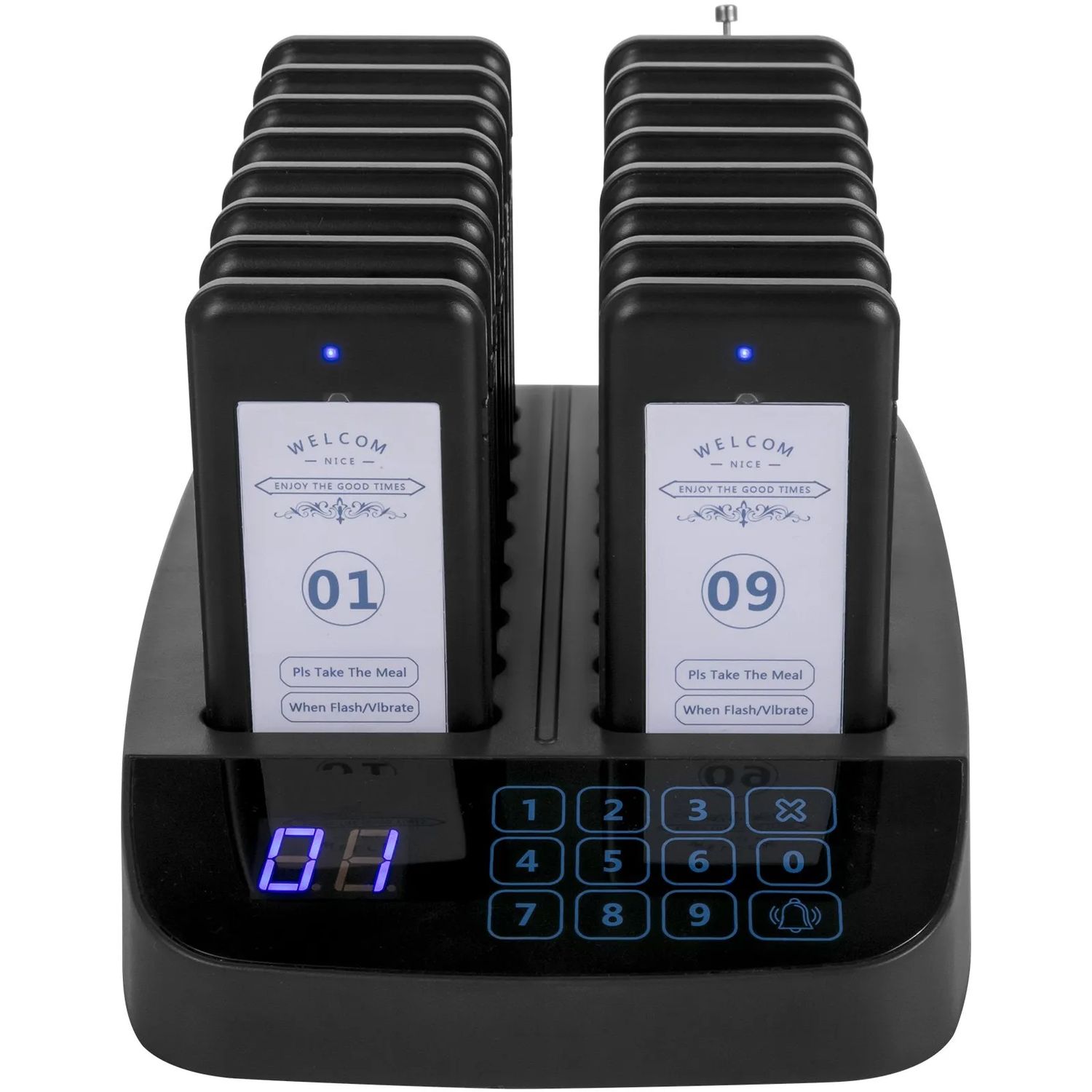 Wireless Restaurant Pager System – 98-Channel Calling Base with 16 Rechargeable Guest Pagers