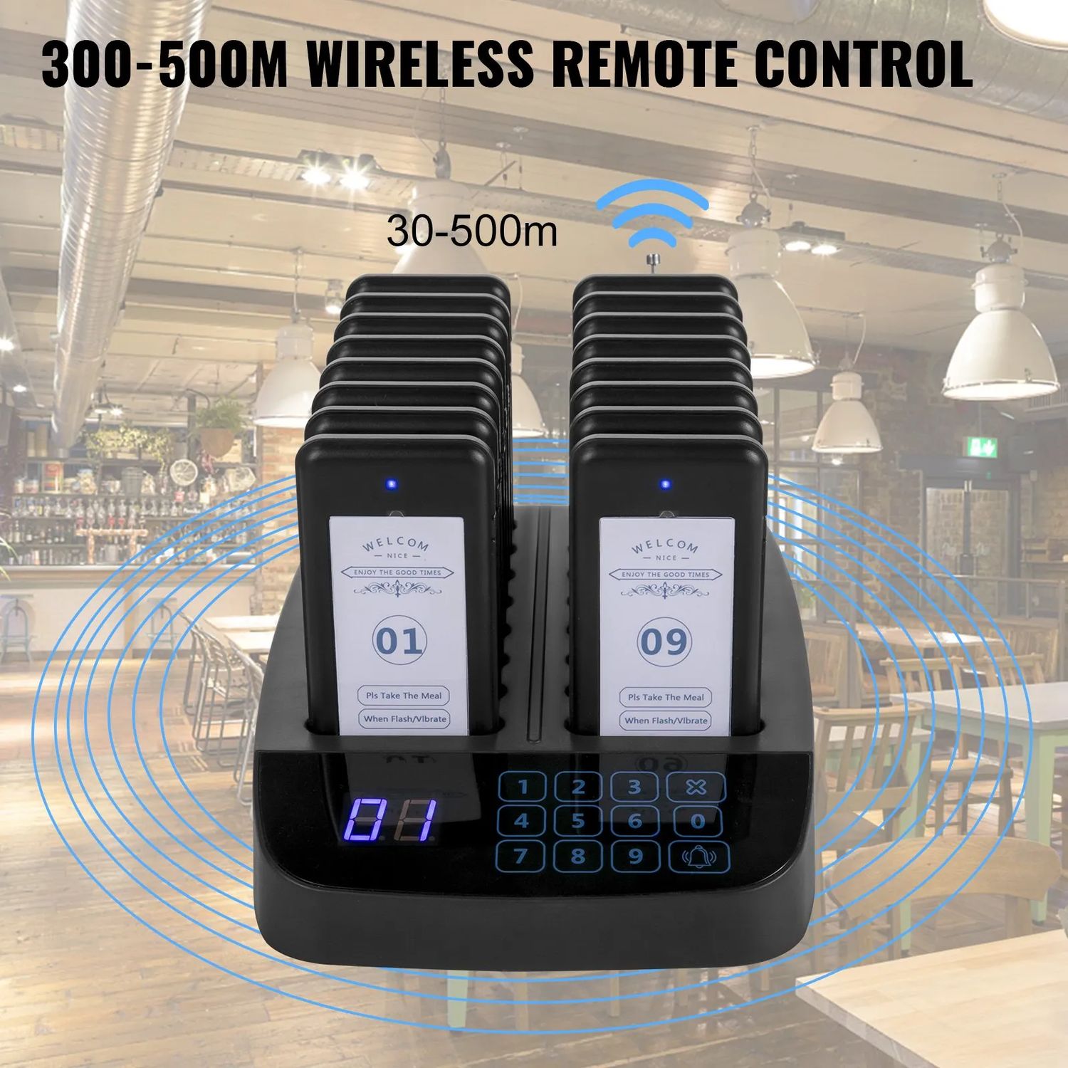 Wireless Restaurant Pager System – 98-Channel Calling Base with 16 Rechargeable Guest Pagers