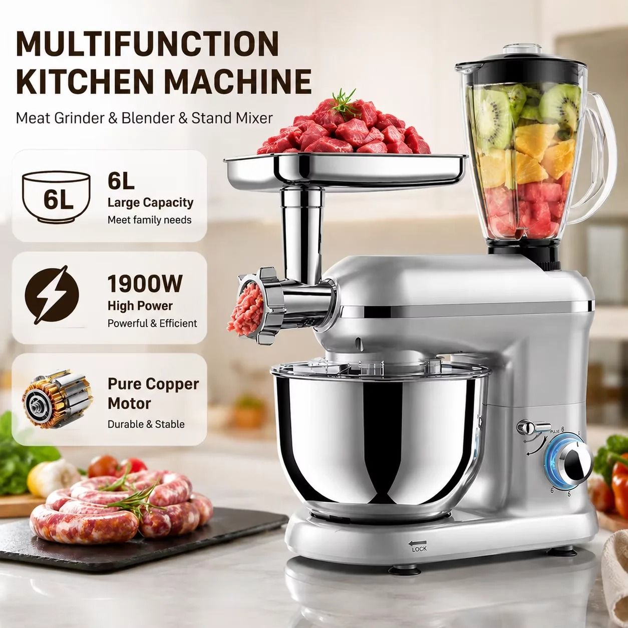 6L Planetary Stand Mixer 1900W 6-Speed Kitchen Machine with Meat Mincer, Sausage Maker &amp; Blende
