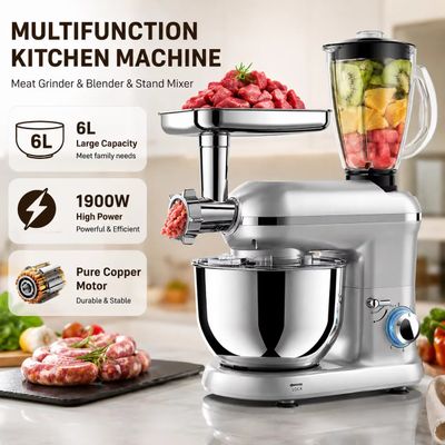 6L Planetary Stand Mixer 1900W 6-Speed Kitchen Machine with Meat Mincer, Sausage Maker &amp; Blende