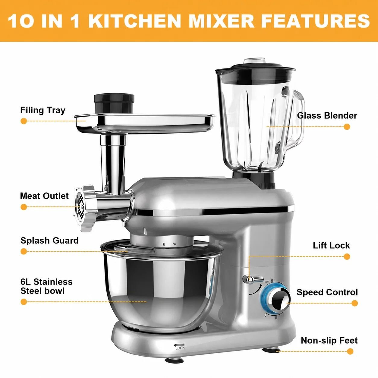 6L Planetary Stand Mixer 1900W 6-Speed Kitchen Machine with Meat Mincer, Sausage Maker &amp; Blende