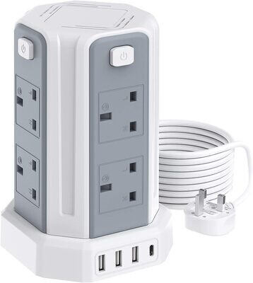 13A 3250W Tower Extension Lead – 8 Outlets &amp; 4 USB Ports with 3M Cable for Home, Office, and Kitchen Use
