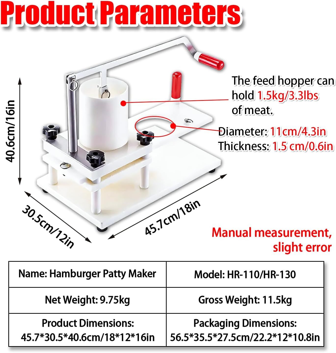 110mm Burger Patty Maker, Food-Grade PE Meat Press with Anti-Slip Base