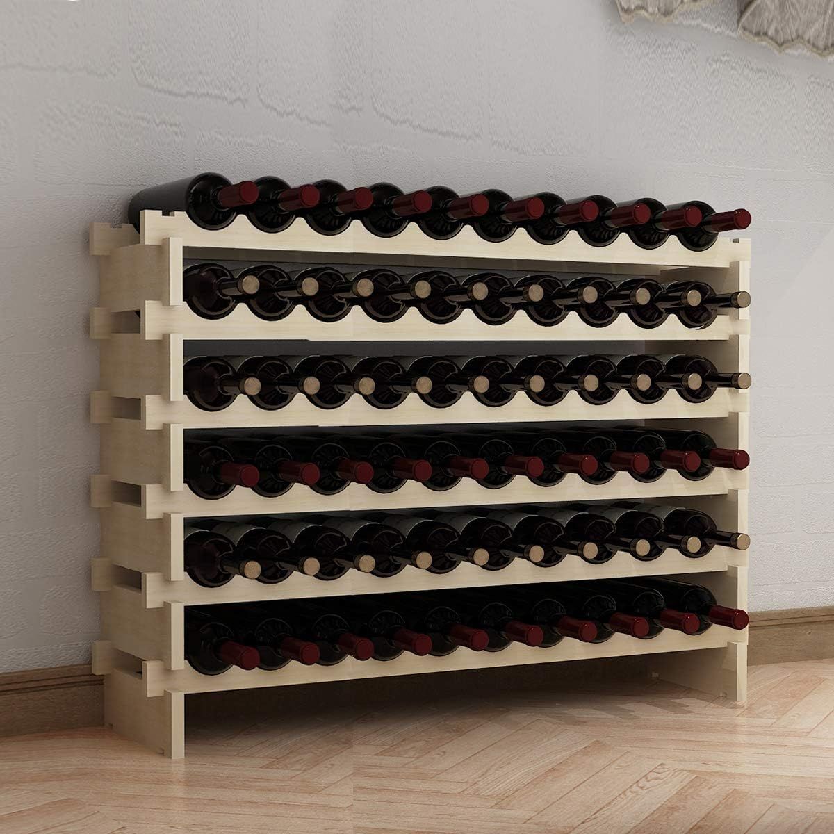 60 Bottle Wine Rack 6 Tier Wooden Wine Storage Stand, Freestanding Bottle Holder for Kitchen, Dining Room &amp; Bar, 110 x 30 x 80.5 cm