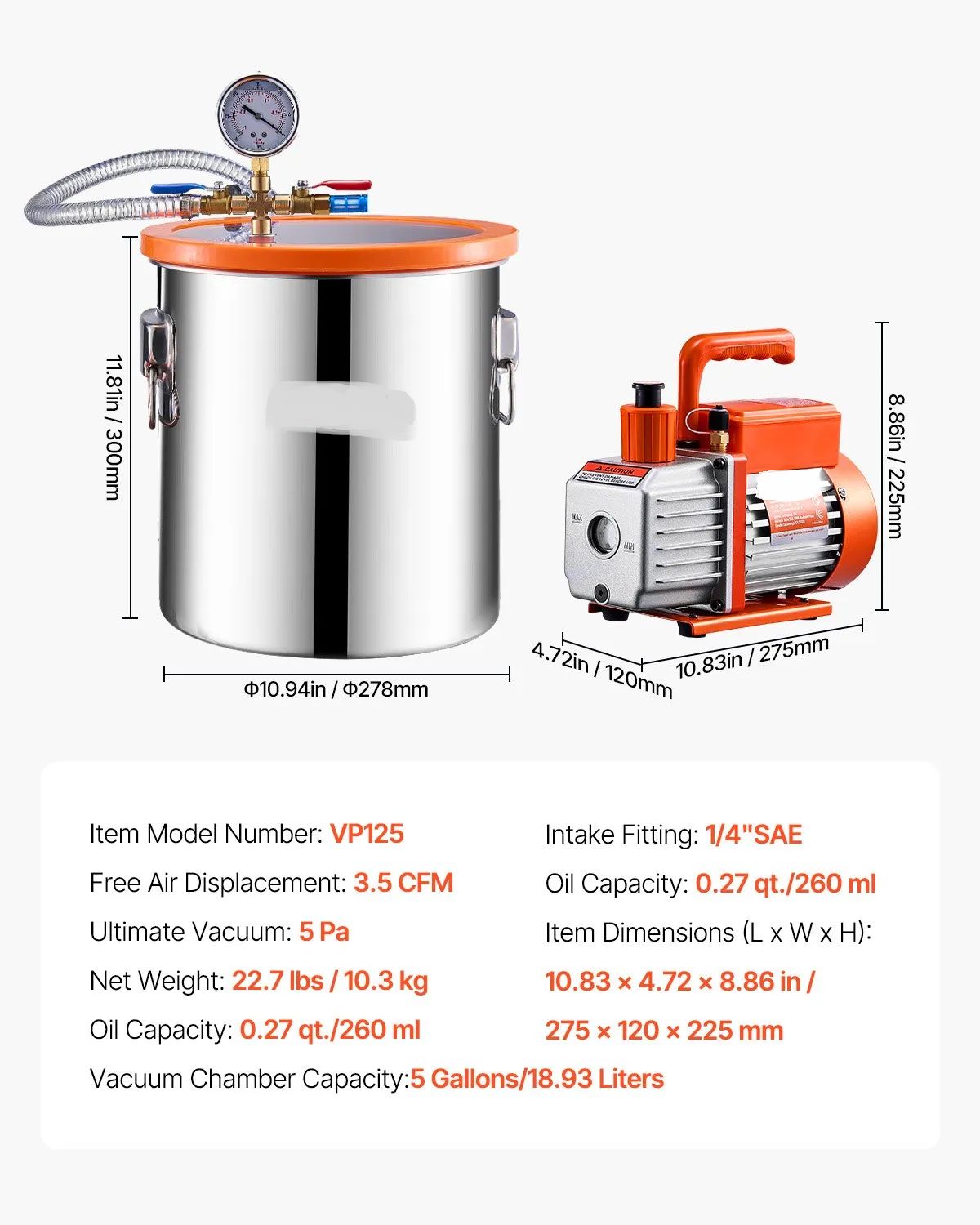 Stainless steel Vacuum Degassing Chamber &amp; Pump Kit Gallon