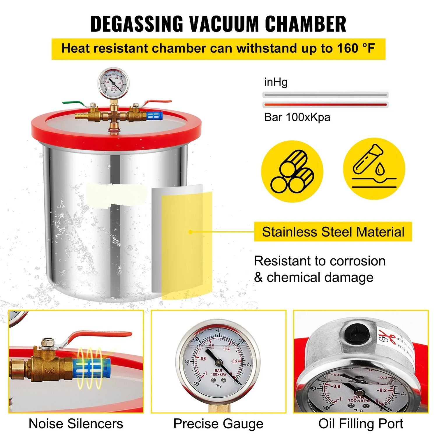 Stainless steel Vacuum Degassing Chamber &amp; Pump Kit Gallon
