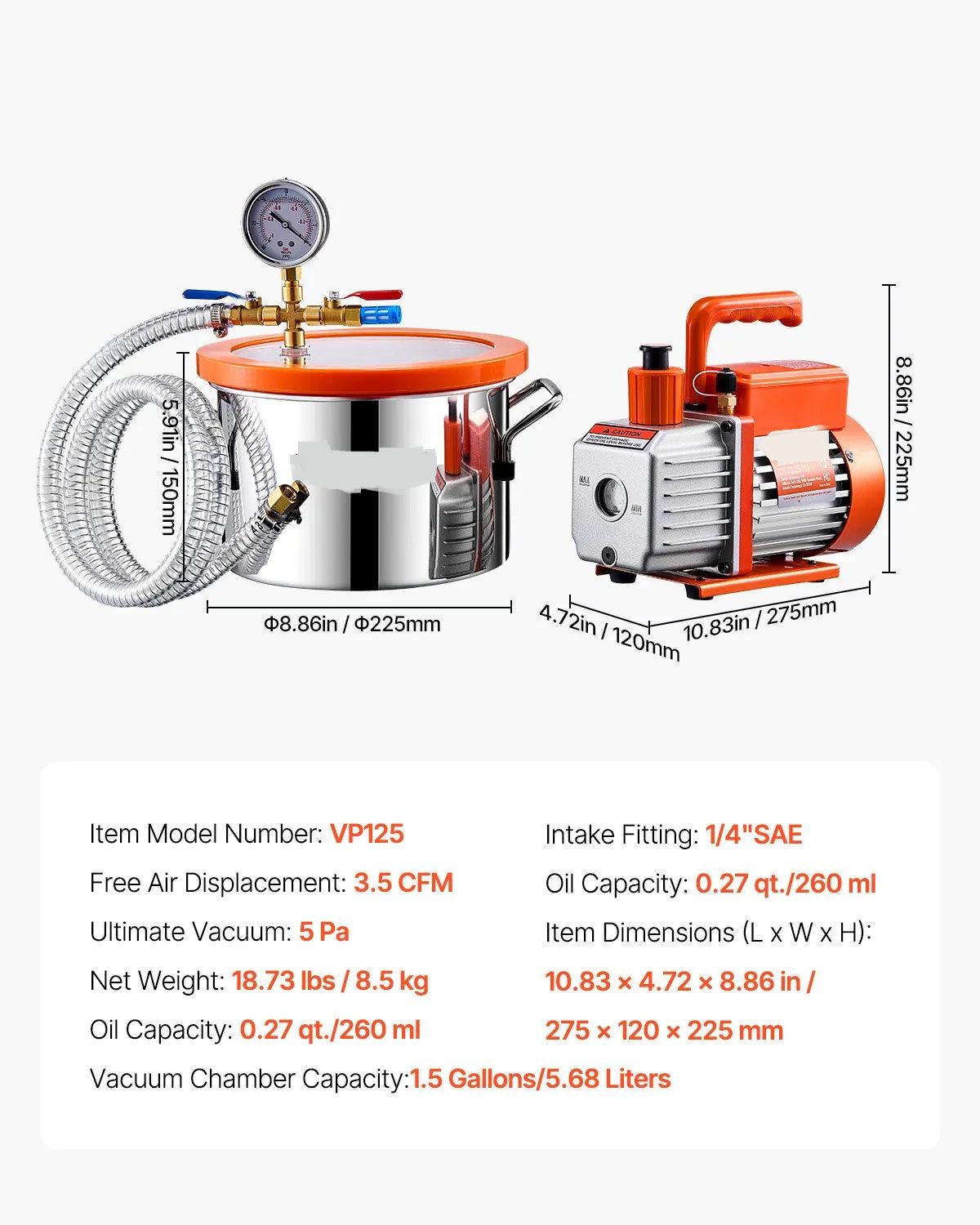 Stainless steel Vacuum Degassing Chamber &amp; Pump Kit Gallon
