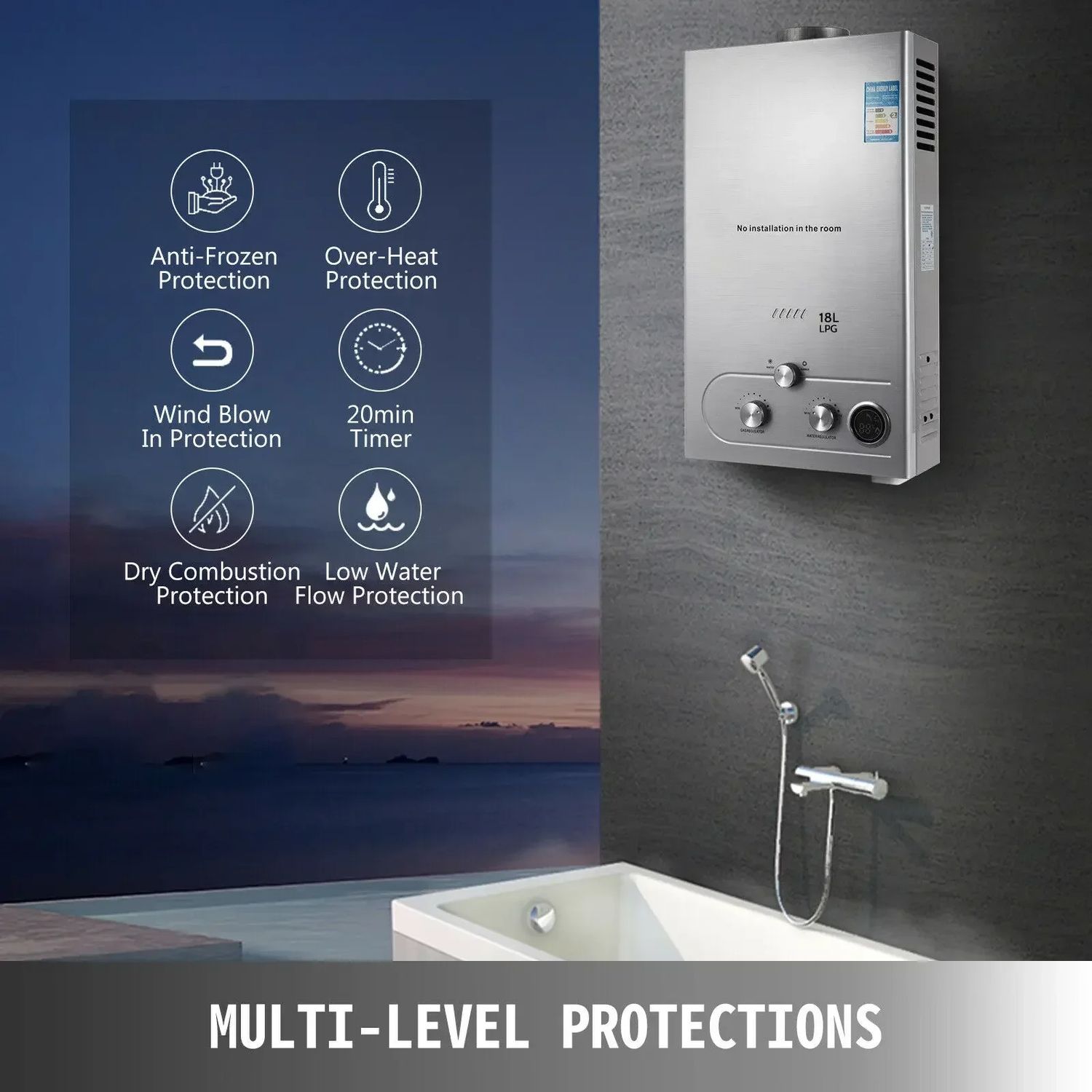 18L LPG Tankless Gas Water Heater – Instant Hot Water, LED Display, Multiple Capacities