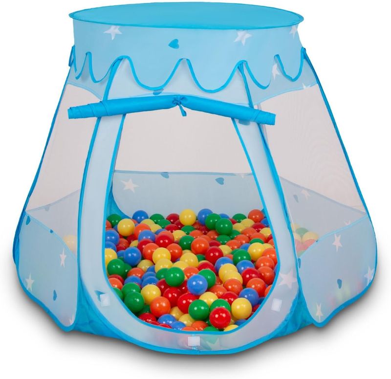 Kids Play Tent Ball Pit with 100 Balls, Pop-Up Castle, Blue, 105 × 105 × 90 cm