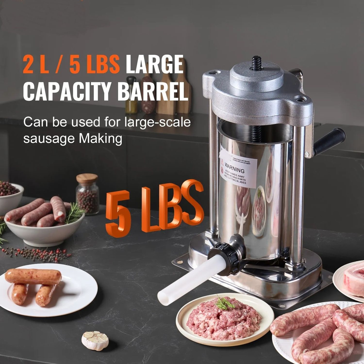 Manual Sausage Stuffer 2L 5LB Vertical Sausage Maker 304 Stainless Steel 2 Tubes