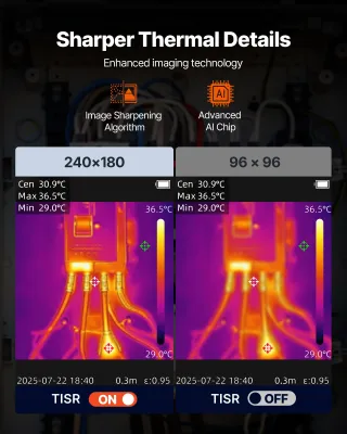 TISR Thermal Imaging Camera — Super Resolution 240×180, 96×96 IR Sensor, 2MP Visual Camera, -4°F to 1022°F, 25Hz Refresh Rate