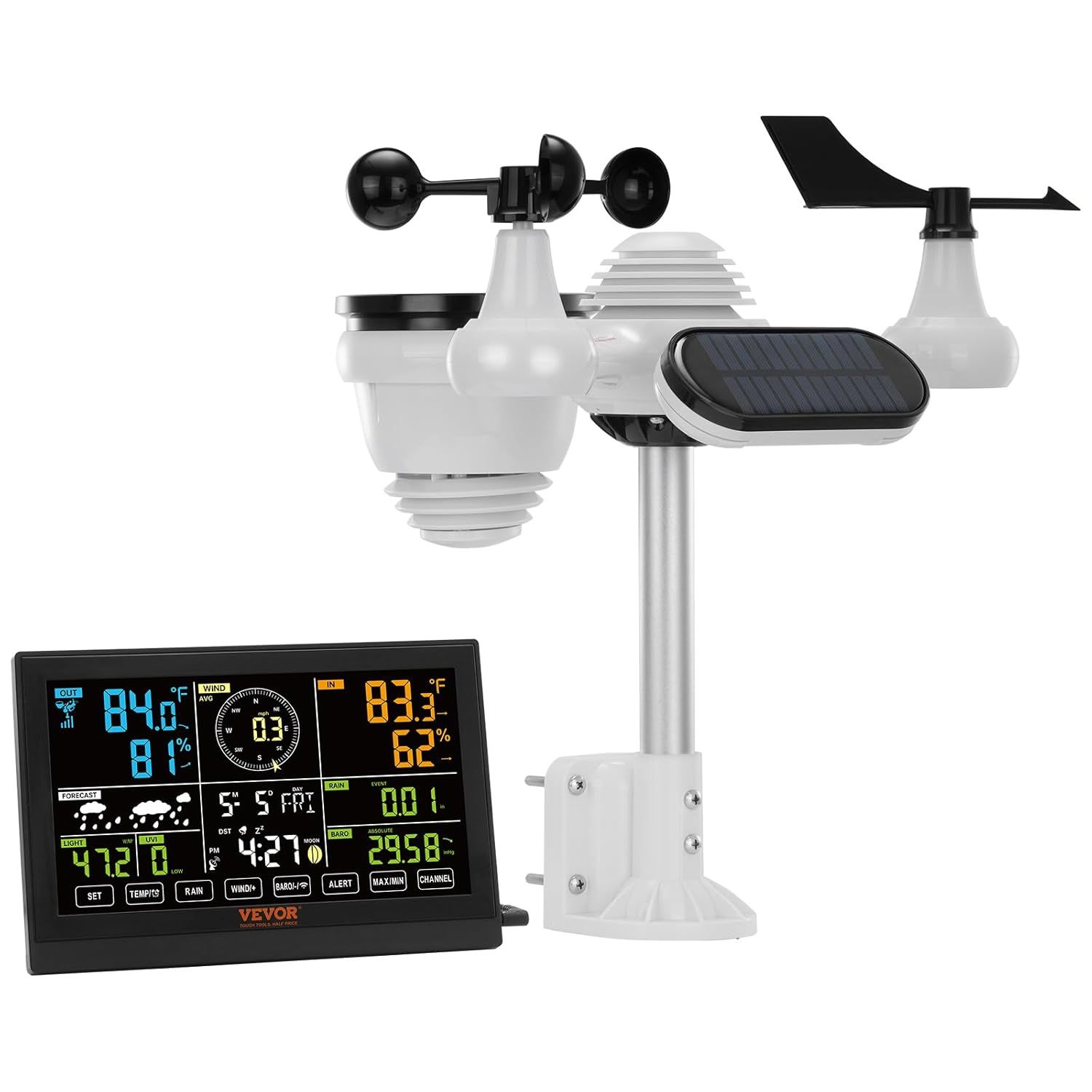 7-in-1 Wireless Weather Station with 7.5 Inch Colour Display Indoor Outdoor Thermometer Hygrometer Wind Rain UV Forecast Monitor