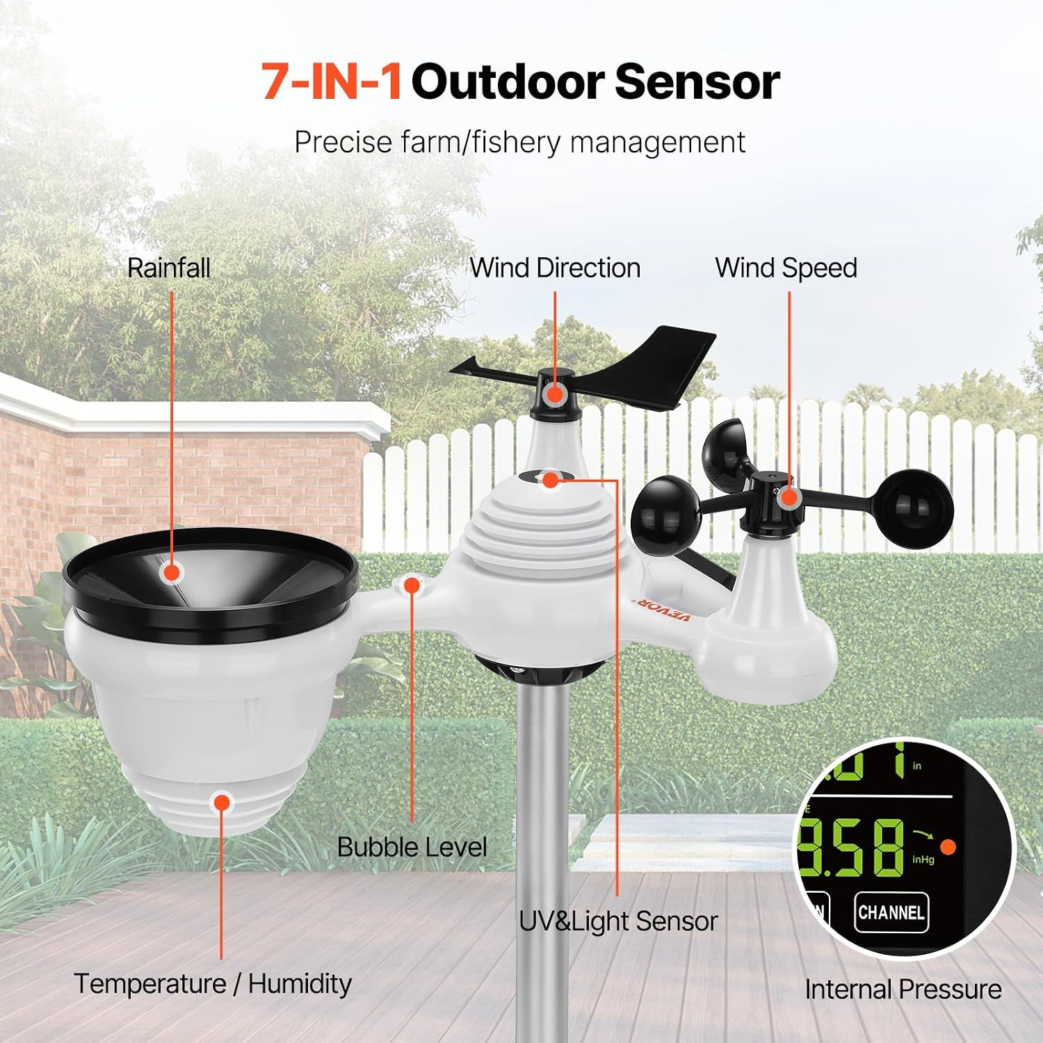 7-in-1 Wireless Weather Station with 7.5 Inch Colour Display Indoor Outdoor Thermometer Hygrometer Wind Rain UV Forecast Monitor