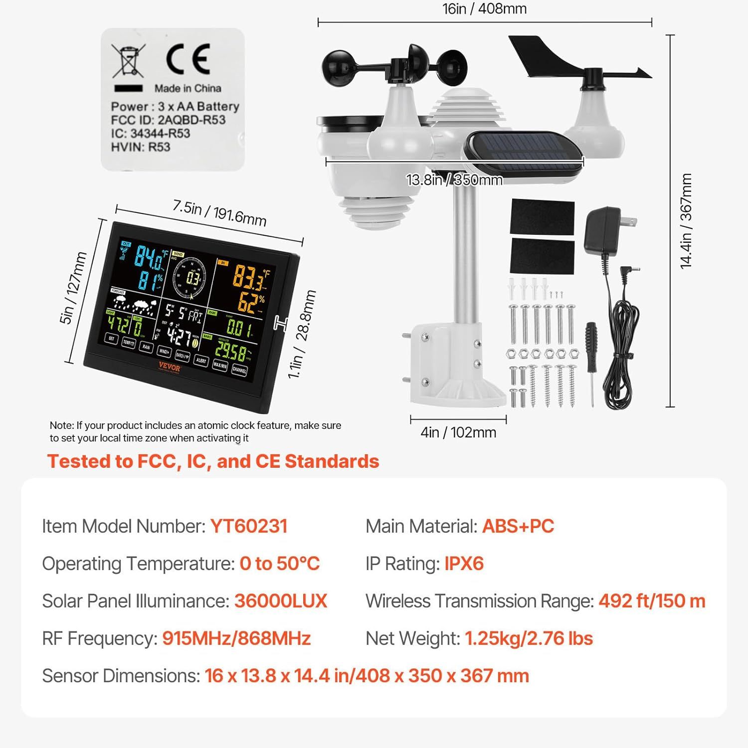 7-in-1 Wireless Weather Station with 7.5 Inch Colour Display Indoor Outdoor Thermometer Hygrometer Wind Rain UV Forecast Monitor