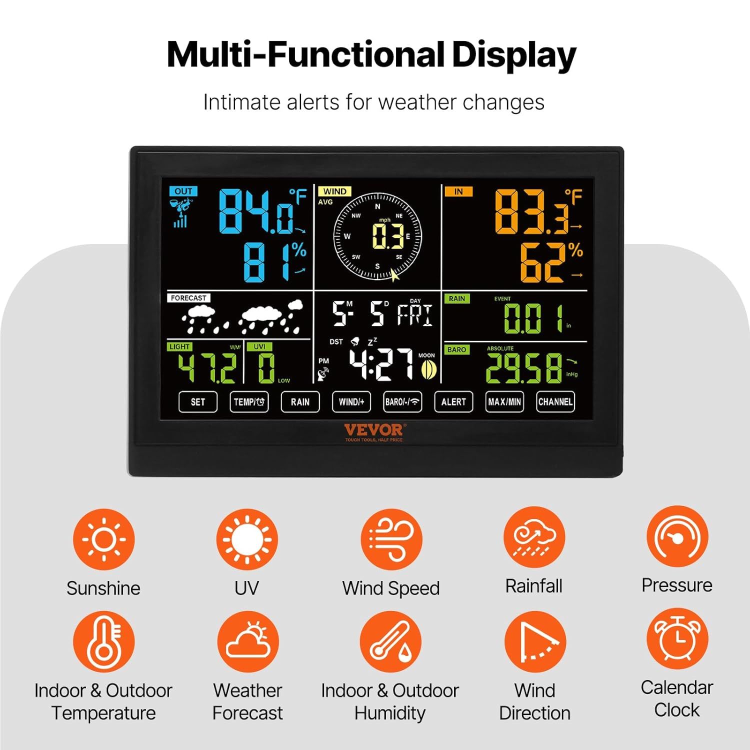 7-in-1 Wireless Weather Station with 7.5 Inch Colour Display Indoor Outdoor Thermometer Hygrometer Wind Rain UV Forecast Monitor