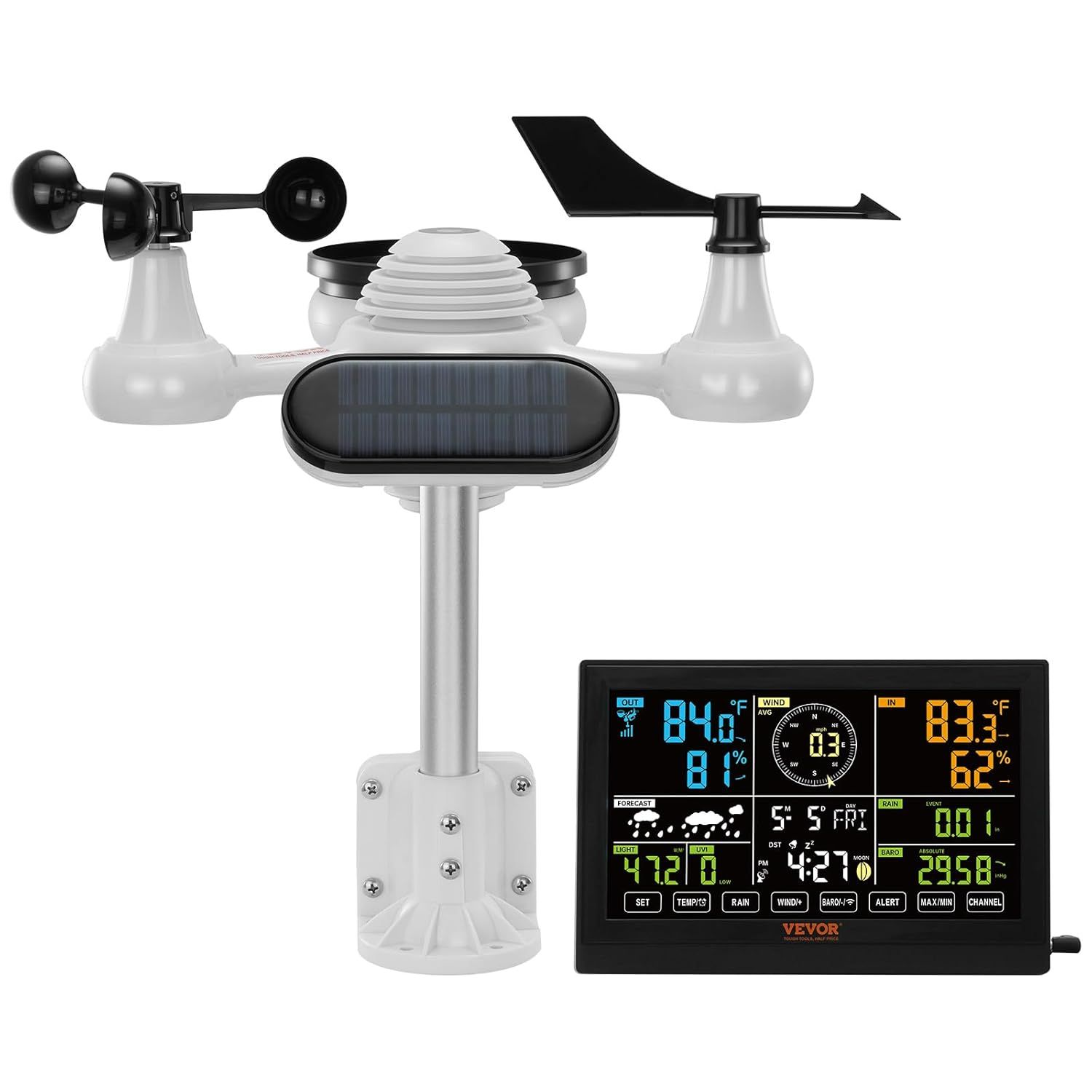 7-in-1 Wireless Weather Station with 7.5 Inch Colour Display Indoor Outdoor Thermometer Hygrometer Wind Rain UV Forecast Monitor