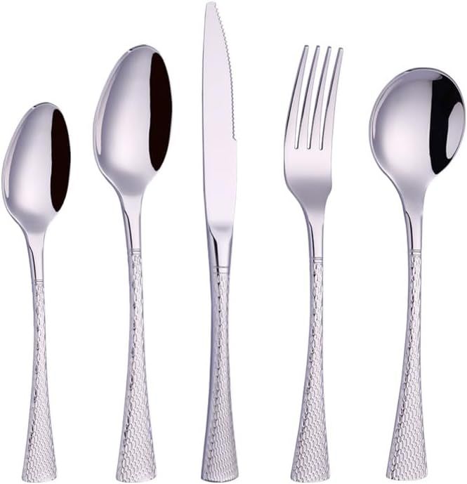 60 Piece Stainless Steel Cutlery Set for 12 People Textured Handle Flatware