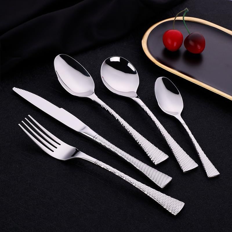 60 Piece Stainless Steel Cutlery Set for 12 People Textured Handle Flatware