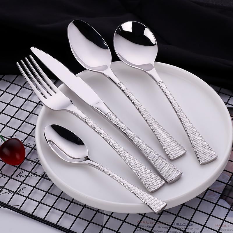 60 Piece Stainless Steel Cutlery Set for 12 People Textured Handle Flatware