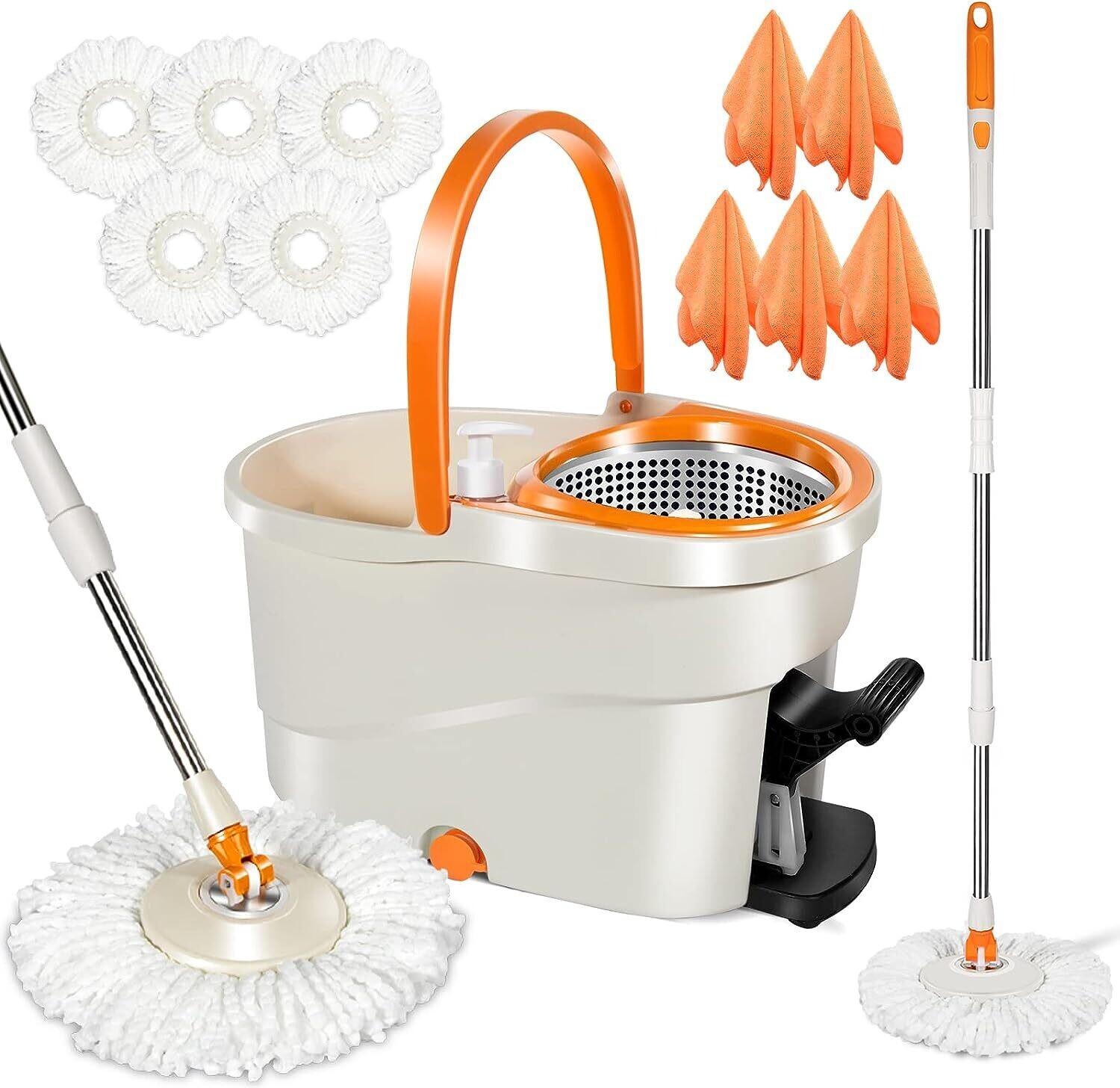 6L Foot Pedal Mop Bucket, 145cm Stainless Steel Handle, 5 Microfiber Mop Heads, 5 Cleaning Cloths