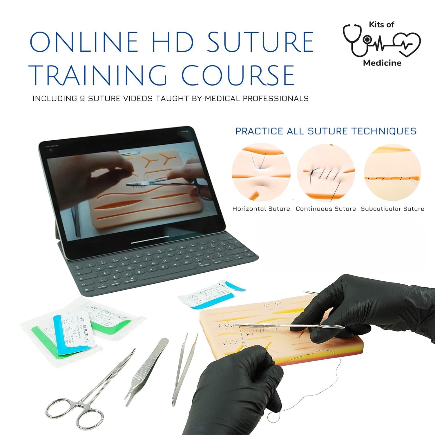 Suture Practice Kit with Silicone Skin Pad &amp; Suture Guides for Training