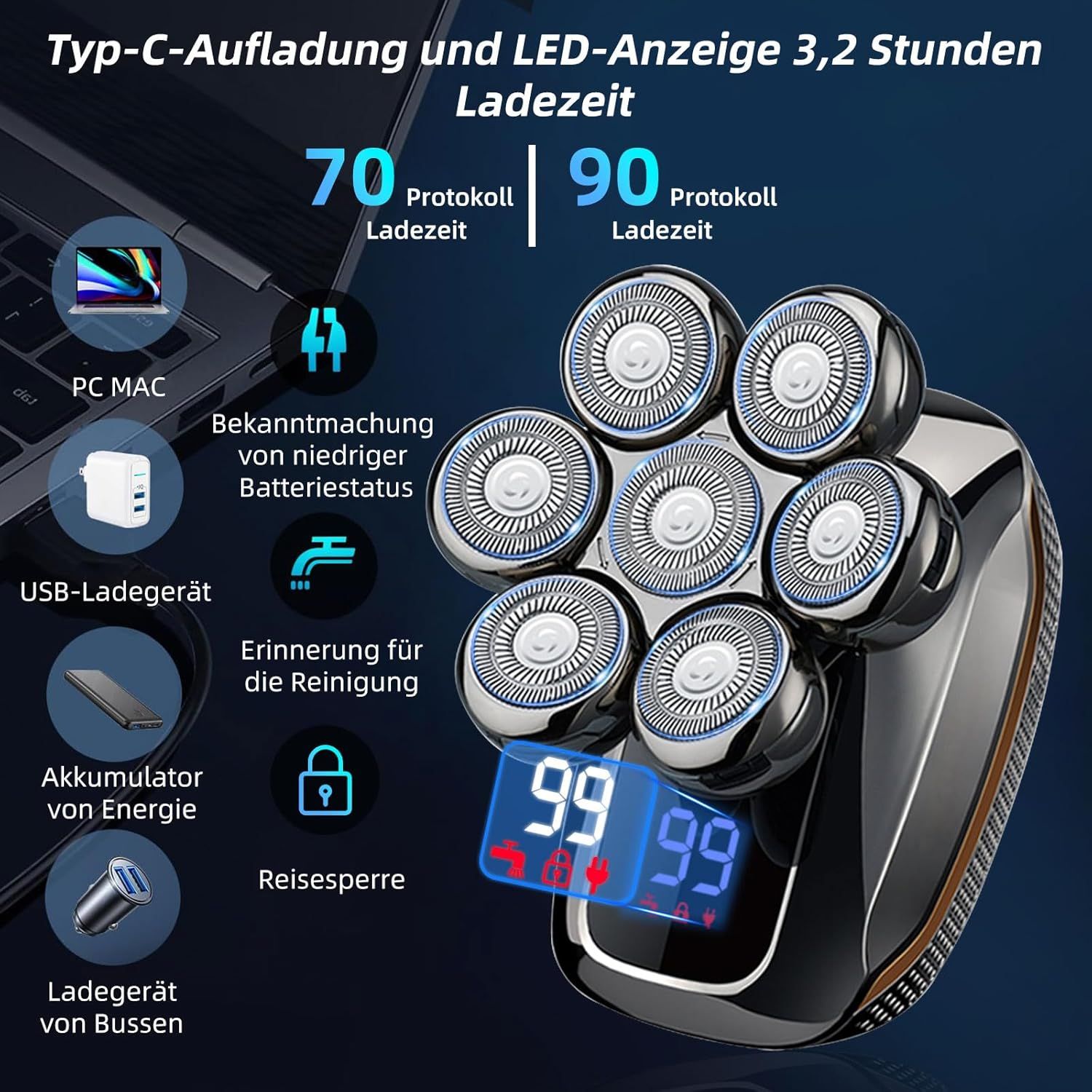 Waterproof Head Electric Razor Shavers for Bald Men with Nose Trimmer, Wet/Dry Mens Grooming Kit,  LED Display, USB Rechargeable