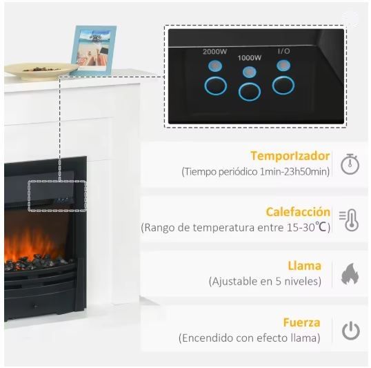 2000W Electric Fireplace with Mantel | Realistic LED Flame, Weekly Timer &amp; Thermostat | 102x30x95cm