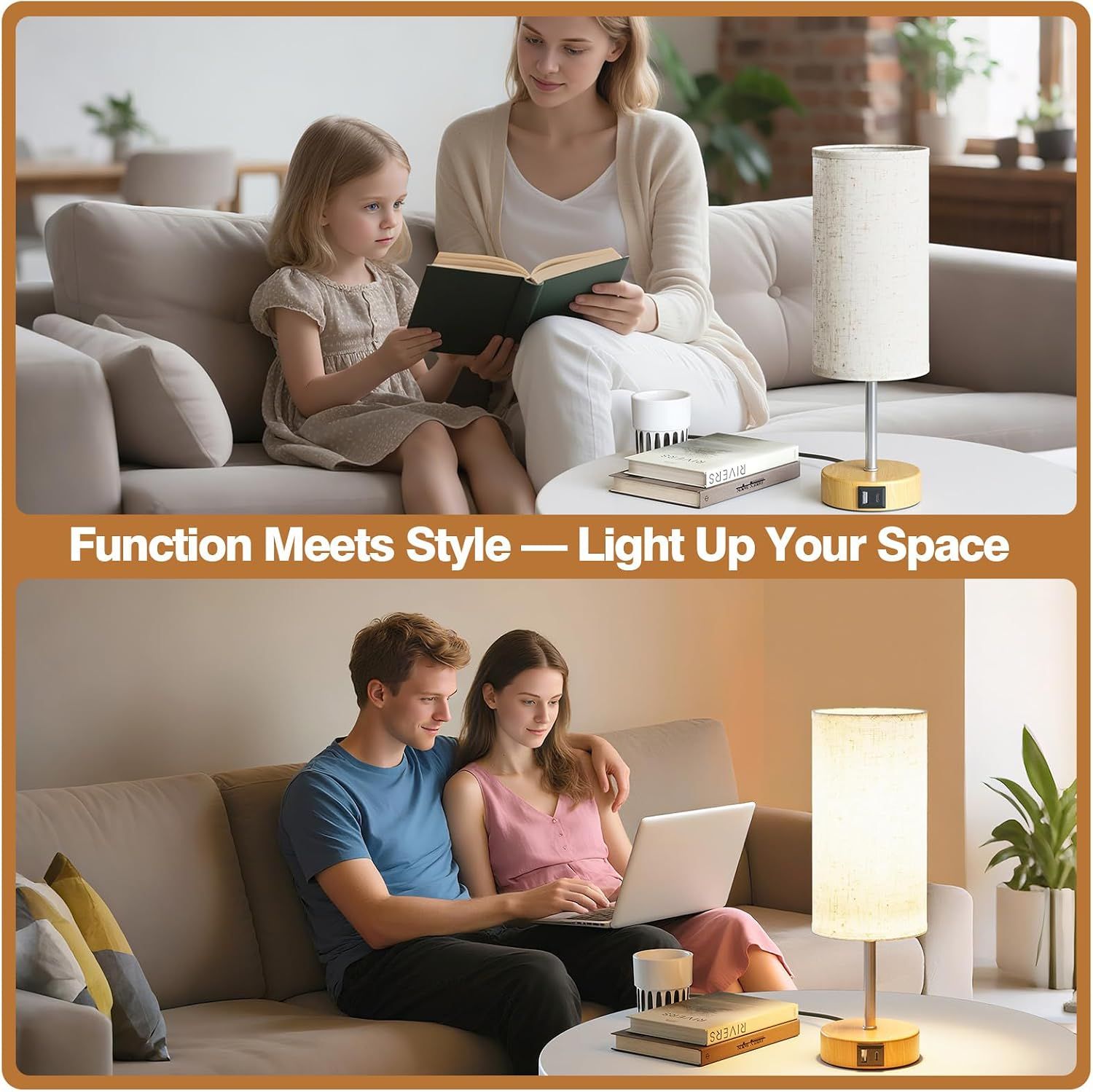 Touch Bedside Lamps Set of 2 with USB Charging